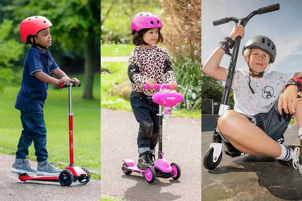 A collage of three kids riding different types of scooters.